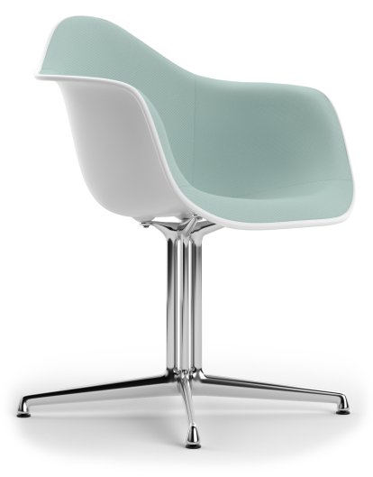 Eames Plastic Armchair RE DAL, Cotton white, Mit Vollpolsterung, Eisblau / elfenbein, Aluminium poliert, Neue Sitzhöhe (43,0 cm)