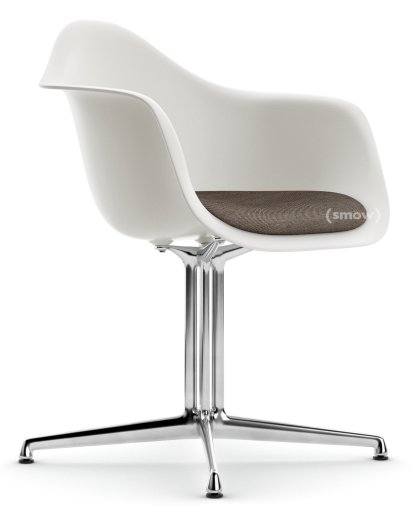 Eames Plastic Armchair DAL, Weiß RE, Mit Sitzpolster, Warmgrey / moorbraun, Aluminium poliert, Neue Sitzhöhe (43,0 cm)