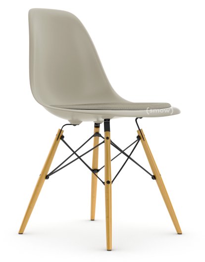 Eames Plastic Side Chair RE DSW, Kieselstein, Mit Sitzpolster, Warmgrey / elfenbein, Standardhöhe - 43 cm, Ahorn gelblich