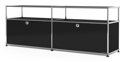 USM Haller Lowboard L mit Aufbau, individualisierbar, Graphitschwarz RAL 9011, Mit 2 Klappen, Mit Kabeldurchlass oben mittig