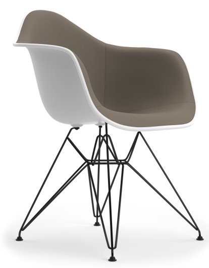 Eames Plastic Armchair DAR, Cotton white, Mit Vollpolsterung, Warmgrey / moorbraun, Standardhöhe - 43 cm, Beschichtet basic dark