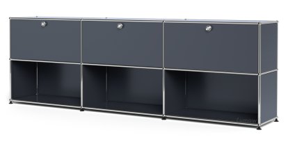 USM Haller Sideboard XL, individualisierbar, Anthrazitgrau RAL 7016, Mit 3 Klappen, Offen