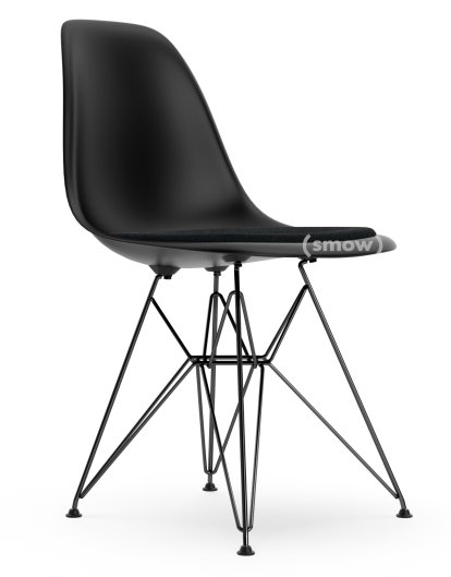 Eames Plastic Side Chair RE DSR, Tiefschwarz, Mit Sitzpolster, Nero, Standardhöhe - 43 cm, Beschichtet basic dark