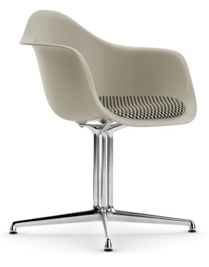 Eames Plastic Armchair DAL, Kieselstein, Mit Sitzpolster, Checker, Aluminium poliert, Neue Sitzhöhe (43,0 cm)