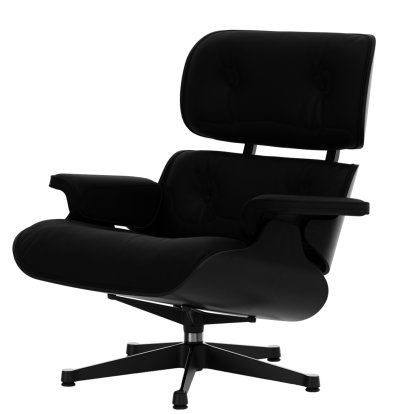 Eames Lounge Chair, Kastanie schwarz, Leder Premium F nero, 84 cm - Originalhöhe 1956, Aluminium poliert, Seiten schwarz