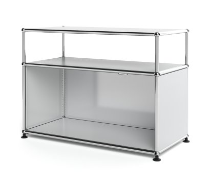 USM Haller Lowboard M mit Aufbau, individualisierbar, Lichtgrau RAL 7035, Mit Klappe, Mit Kabeldurchlass oben mittig