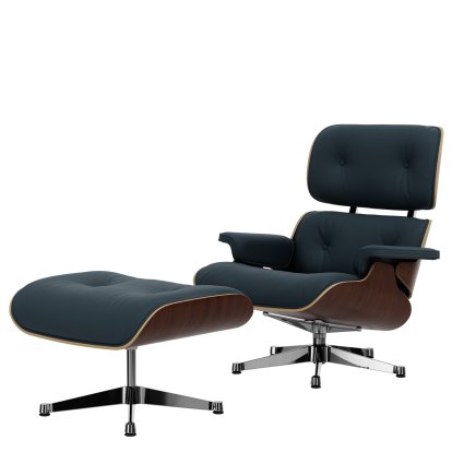 Eames Lounge Chair & Ottoman, Nussbaum dunkel, Leder Premium F rauchblau, 89 cm, Aluminium poliert