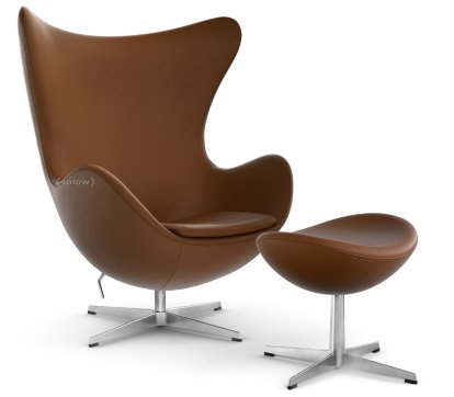 Egg Chair, Leder Essential, Walnut, Satingebürstetes Aluminium, Mit Fußhocker
