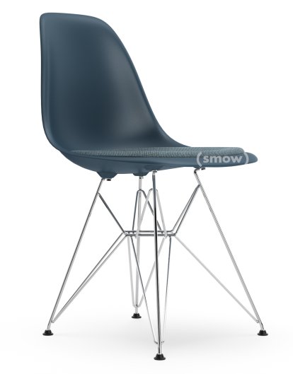 Eames Plastic Side Chair RE DSR, Meerblau, Mit Sitzpolster, Eisblau / moorbraun, Standardhöhe - 43 cm, Verchromt