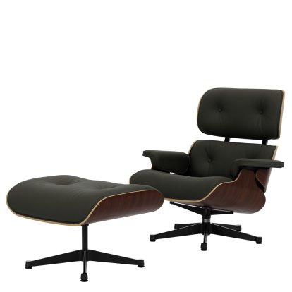 Eames Lounge Chair & Ottoman, Nussbaum dunkel, Leder Premium F umbragrau, 84 cm - Originalhöhe 1956, Aluminium poliert, Seiten schwarz