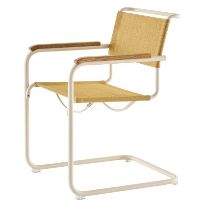 S 33 / S 34 V Stoff Freischwinger, mit Armlehnen Eiche geölt, Perlweiß matt pulverbeschichtet, Stoff Cento corn - sand, Kunststoffgleiter transparent mit Filz