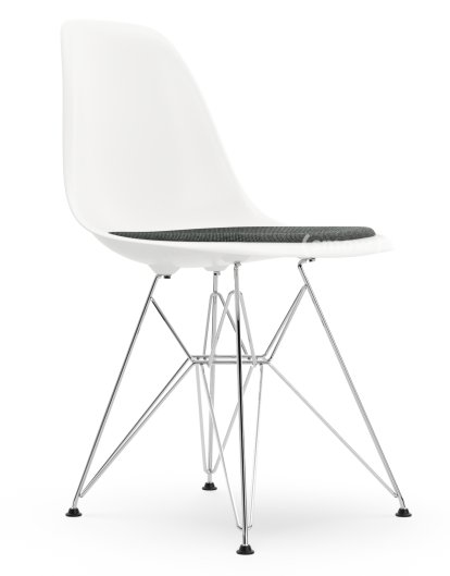 Eames Plastic Side Chair DSR, Weiß RE, Mit Sitzpolster, Nero / elfenbein, Standardhöhe - 43 cm, Verchromt
