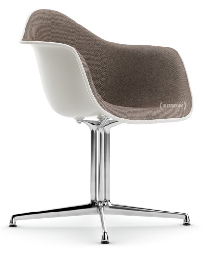 Eames Plastic Armchair RE DAL, Weiß non-RE, Mit Vollpolsterung, Warmgrey / moorbraun, Aluminium poliert, Neue Sitzhöhe (43,0 cm)
