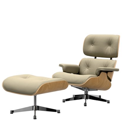 Eames Lounge Chair & Ottoman, Kastanie natur, Leder Premium F sand, 89 cm, Aluminium poliert