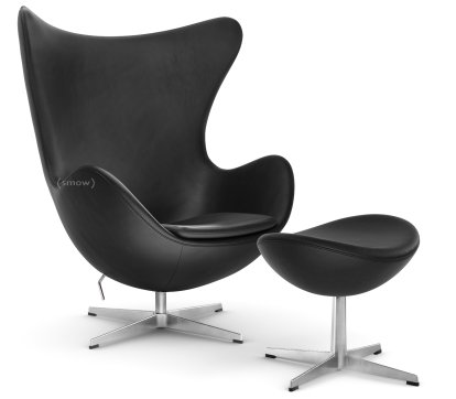 Egg Chair, Leder Essential, Black, Satingebürstetes Aluminium, Mit Fußhocker
