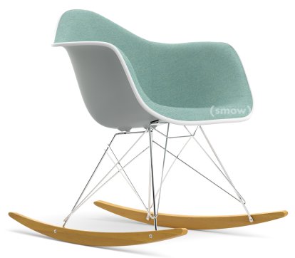 Eames Plastic Armchair RE RAR mit Polsterung, Hellgrau, Mit Vollpolsterung, Eisblau / elfenbein, Weiß, Verchromt/Ahorn gelblich