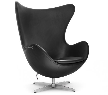 Egg Chair, Leder Essential, Black, Satingebürstetes Aluminium, Ohne Fußhocker