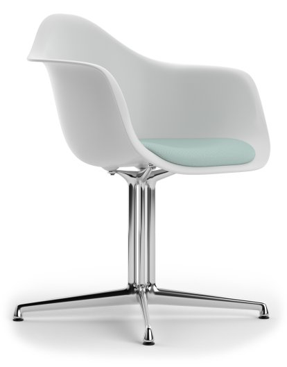 Eames Plastic Armchair RE DAL, Cotton white, Mit Sitzpolster, Eisblau / elfenbein, Aluminium poliert, Neue Sitzhöhe (43,0 cm)