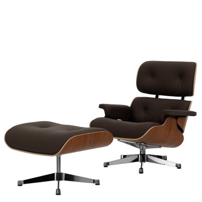Eames Lounge Chair & Ottoman, Nussbaum natur, Leder Premium F kastanie, 84 cm - Originalhöhe 1956, Aluminium poliert