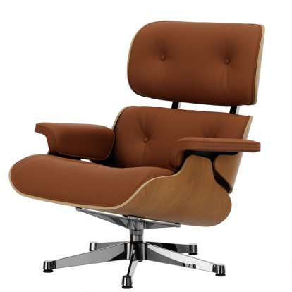 Eames Lounge Chair, Kirsche natur, Leder Premium F cognac, 84 cm - Originalhöhe 1956, Aluminium poliert