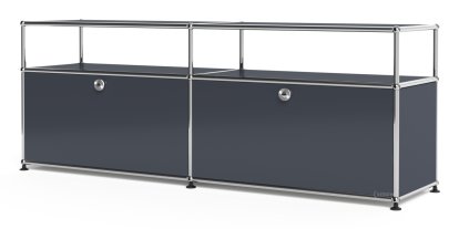 USM Haller Lowboard L mit Aufbau, individualisierbar, Anthrazitgrau RAL 7016, Mit 2 Klappen, Mit Kabeldurchlass unten mittig