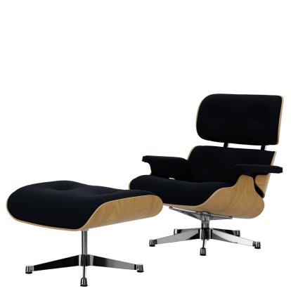 Eames Lounge Chair & Ottoman Calma, Kastanie natur, Calma, nachtblau, 84 cm - Originalhöhe 1956, Aluminium poliert