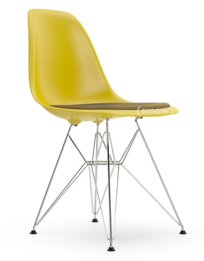 Eames Plastic Side Chair DSR, Senf, Mit Sitzpolster, Senf / dunkelgrau, Standardhöhe - 43 cm, Verchromt
