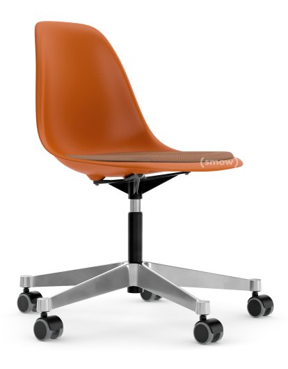 Eames Plastic Side Chair RE PSCC, Rostorange, Mit Sitzpolster, Cognac / elfenbein