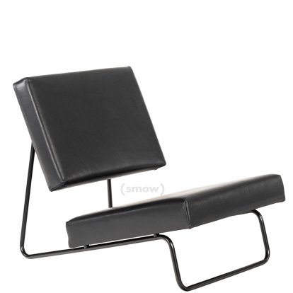 Hirche Loungesessel, Glattleder, schwarz, Pulverbeschichtet, schwarz, ohne Fußhocker