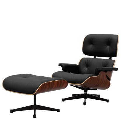 Eames Lounge Chair & Ottoman, Santos Palisander, Leder Premium F nero, 89 cm, Aluminium poliert, Seiten schwarz