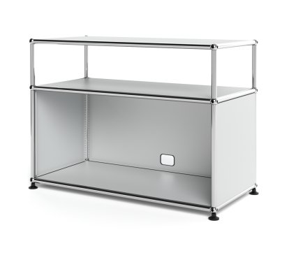 USM Haller Lowboard M mit Aufbau, individualisierbar, USM mattsilber, Mit Klappe, Mit Kabeldurchlass unten mittig