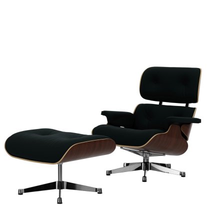 Eames Lounge Chair & Ottoman Calma, Nussbaum dunkel, Calma, pine green, 84 cm - Originalhöhe 1956, Aluminium poliert