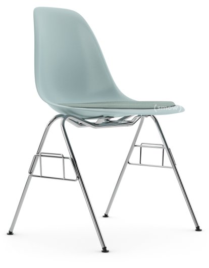 Eames Plastic Side Chair RE DSS / DSS-N, Eisgrau, Mit Sitzpolster, Eisblau / elfenbein, Ohne Reihenverbindung (DSS-N)