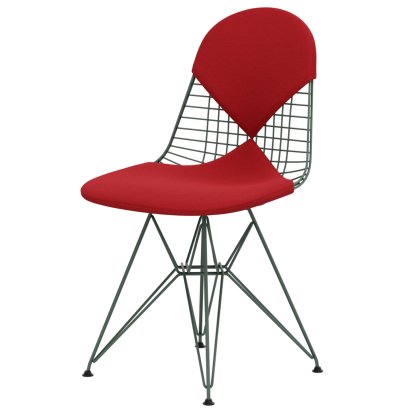 Wire Chair DKR , Pulverbeschichtet eames sea foam green, Sitz- und Rückenkissen (Bikini), Hopsak rot / poppy red
