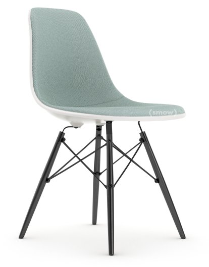 Eames Plastic Side Chair RE DSW, Weiß non-RE, Mit Vollpolsterung, Eisblau / elfenbein, Standardhöhe - 43 cm, Ahorn schwarz