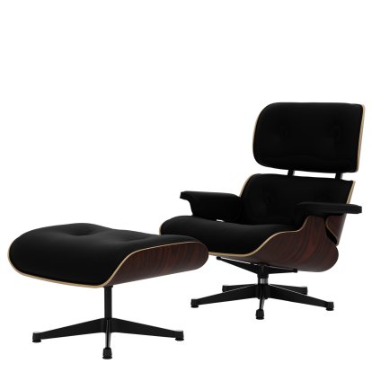 Eames Lounge Chair & Ottoman, Santos Palisander, Leder Premium F nero, 89 cm, Aluminium poliert, Seiten schwarz