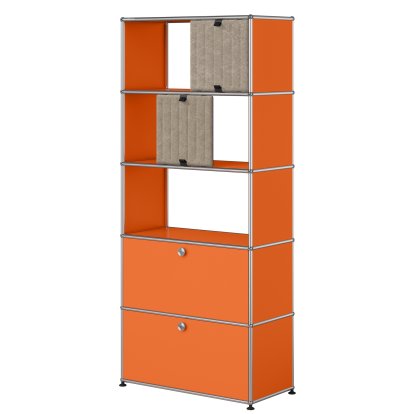 USM Haller Aktenregal mit 2 Klappen, oben ohne Rückwände mit zwei USM Haller Soft Panels, vertikal, Reinorange RAL 2004, Taupe / Dunkelblau