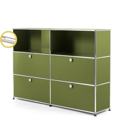 USM Haller E Highboard L mit Fachbeleuchtung, Olivgrün RAL 6003, Kaltweiß