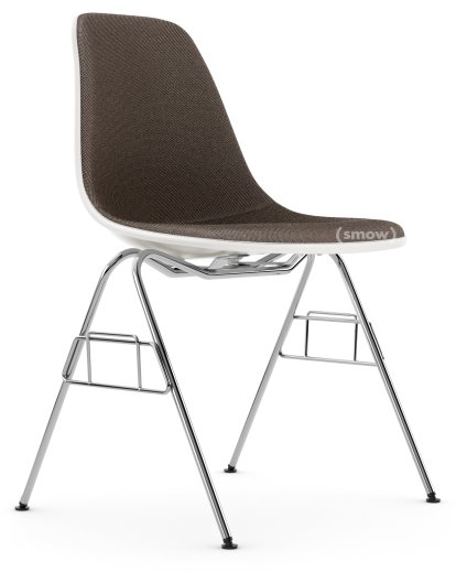 Eames Plastic Side Chair RE DSS / DSS-N, Weiß non-RE, Mit Vollpolsterung, Warmgrey / moorbraun, Ohne Reihenverbindung (DSS-N)