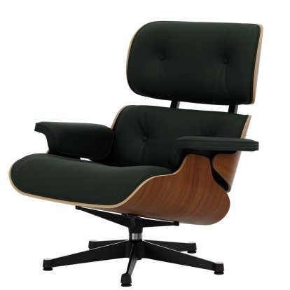 Eames Lounge Chair, Nussbaum natur, Leder Premium F jade, 84 cm - Originalhöhe 1956, Aluminium poliert, Seiten schwarz