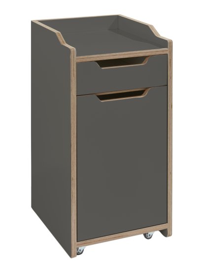 Plane Rollcontainer, Mit Tür, Scharnier links, Melamin anthrazit mit Birkenkante