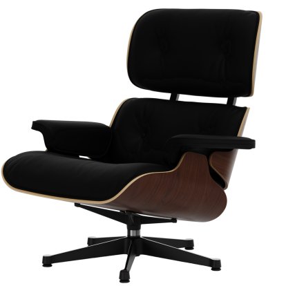 Eames Lounge Chair, Nussbaum dunkel, Leder Premium F nero, 89 cm, Aluminium poliert, Seiten schwarz
