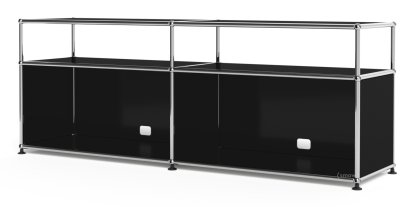 USM Haller Lowboard L mit Aufbau, individualisierbar, Graphitschwarz RAL 9011, Offen, Mit Kabeldurchlass unten mittig