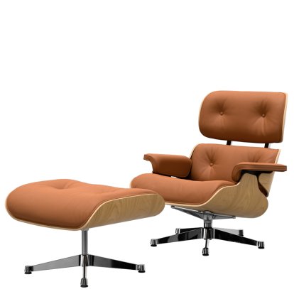 Eames Lounge Chair & Ottoman, Kastanie natur, Leder Premium F cognac, 84 cm - Originalhöhe 1956, Aluminium poliert