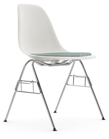 Eames Plastic Side Chair DSS / DSS-N, Weiß RE, Mit Sitzpolster, Eisblau / elfenbein, Mit Reihenverbindung (DSS)