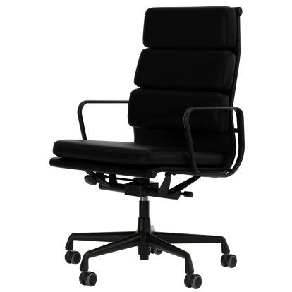 Soft Pad Chair EA 219, Aluminium tiefschwarz pulverbeschichtet, Leder Standard nero, Plano nero, Weich für harte Böden