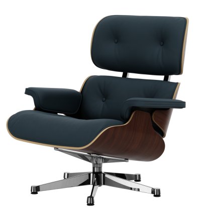 Eames Lounge Chair, Nussbaum dunkel, Leder Premium F rauchblau, 84 cm - Originalhöhe 1956, Aluminium poliert