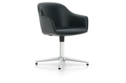 Softshell Chair auf Viersternfuß, Aluminium poliert, Leder (Standard), Nero, Gleiter für Teppichboden