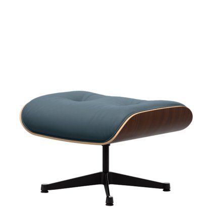 Eames Lounge Chair Ottoman, Nussbaum dunkel, Leder Premium F rauchblau, Aluminium poliert, Seiten schwarz