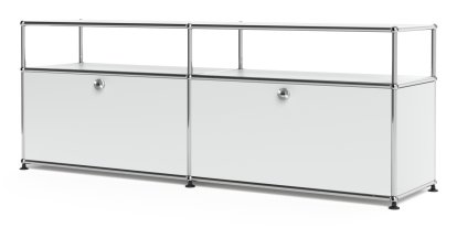 USM Haller Lowboard L mit Aufbau, individualisierbar, USM mattsilber, Mit 2 Klappen, Mit Kabeldurchlass unten mittig